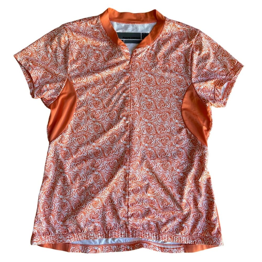 Novara Women's Cycling Bike Shirt Orange Gray Print 1/2 Zip Pouch Pocket Size M